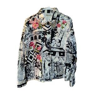 New Direction Womens L Art To Wear Black  White Floral Street Wear Jacket Cotton
